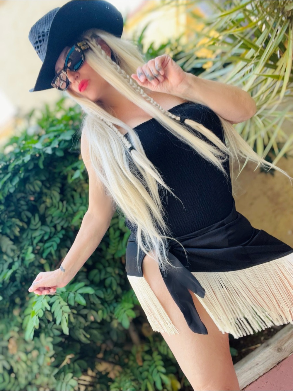 Luxury bohemian Black Fringe Mini Skirt with Ivory Fringe Trim